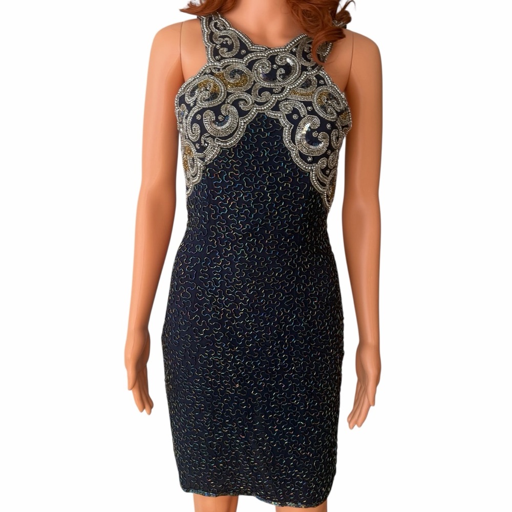 Vintage Laurence Kazar Midnight Blue Silk Mini Dress Beaded Sequin Sleeveless